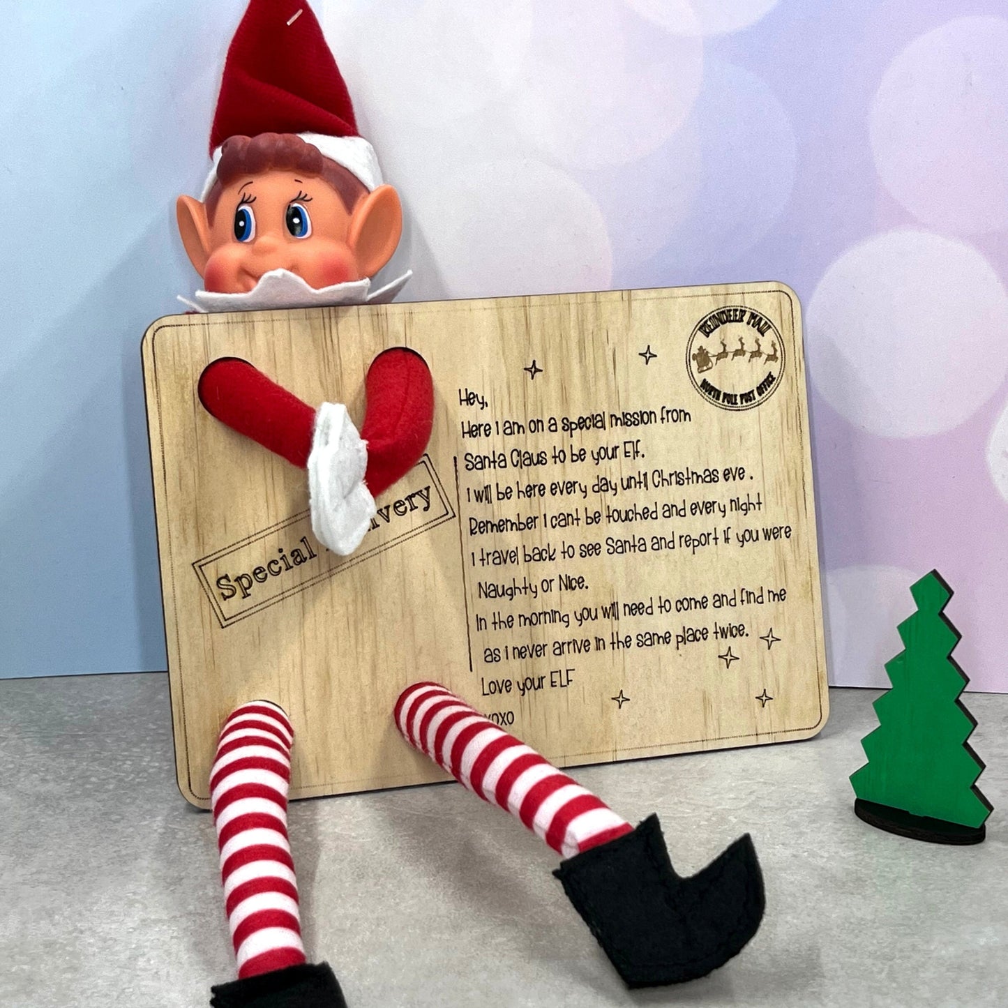 Elf arrival wooden postcard