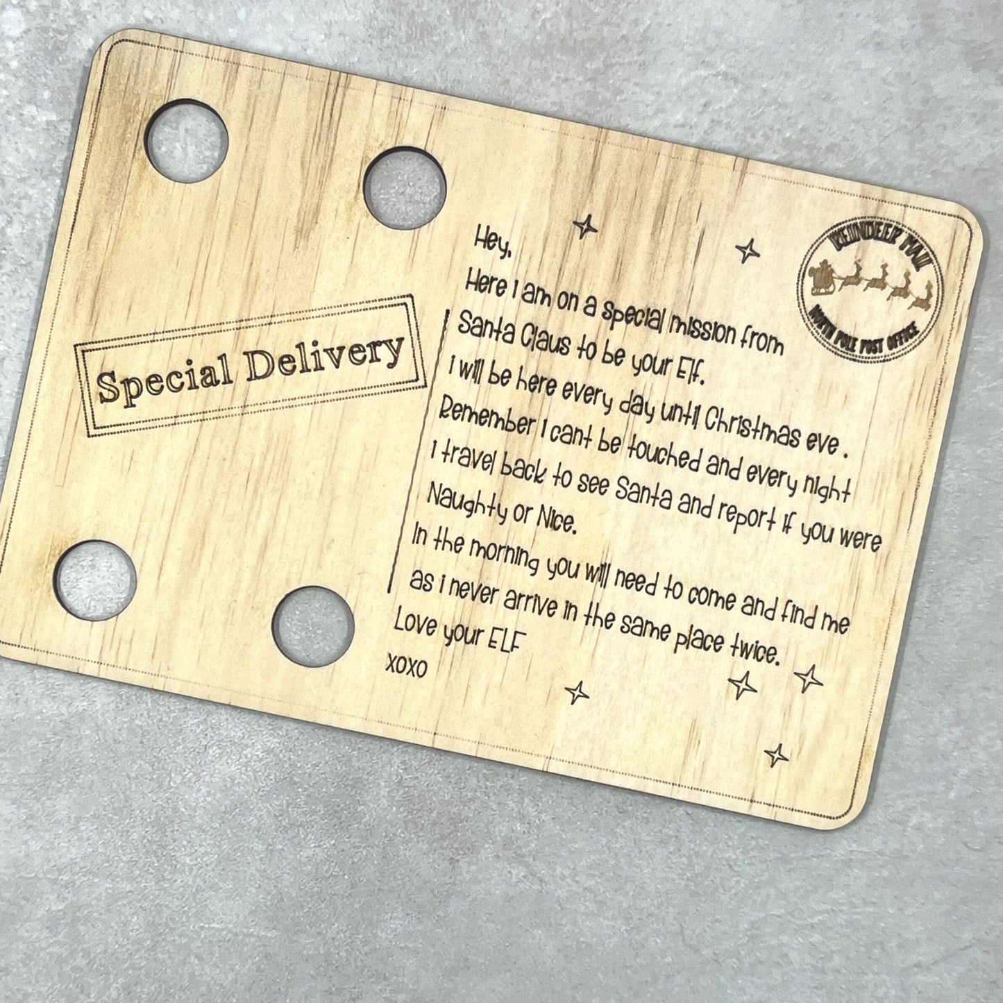 Elf arrival wooden postcard