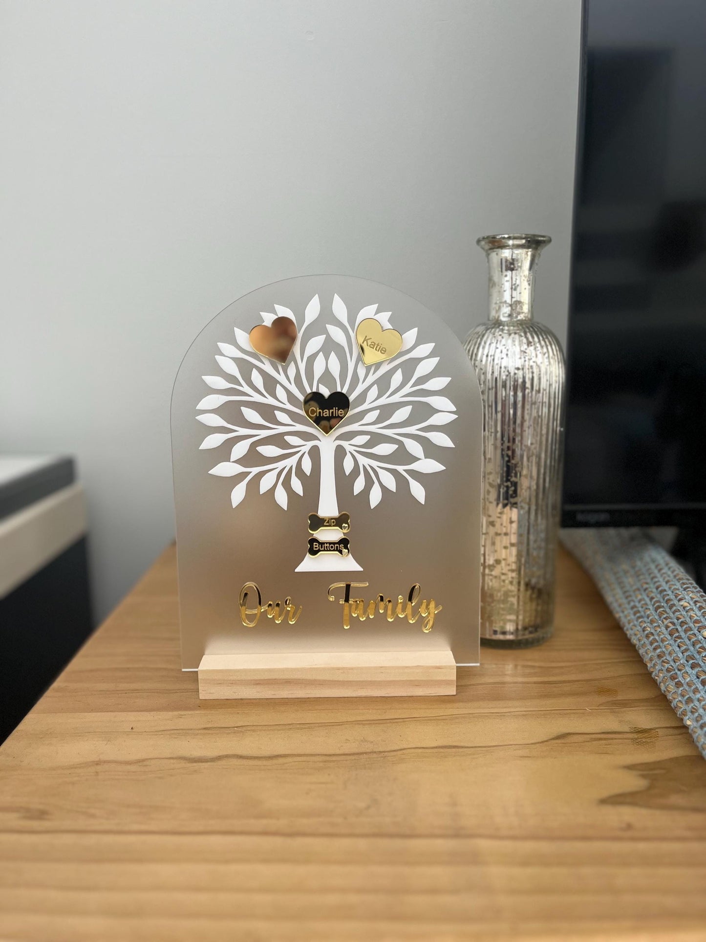 Custom family tree additions acrylic tag with white tree and gold heart name tags on wooden stand