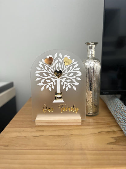 Custom family tree additions acrylic tag with white tree and gold heart name tags on wooden stand