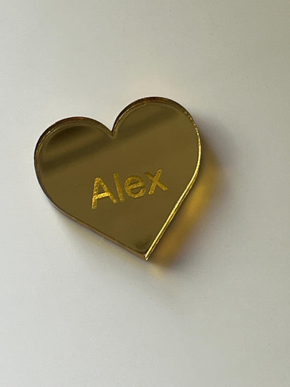 Gold heart-shaped tag with name Alex engraved for custom family tree additions by Madhatter Designsau