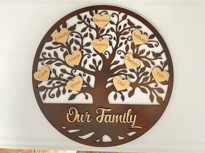 Custom family tree additions wooden tags on round family tree wall decor with names by Madhatter Designsau