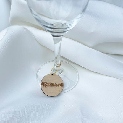 Personalized wine charms wooden tag engraved with name Richard attached to wine glass stem