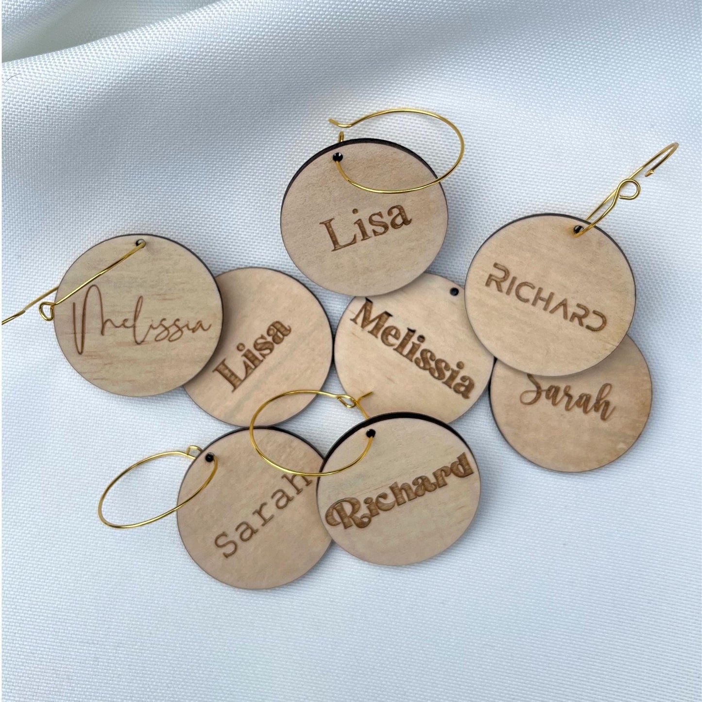 Madhatter Designsau personalized wine charms wooden tags with engraved names and gold wire hooks