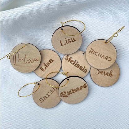 Madhatter Designsau personalized wine charms wooden tags with engraved names and gold wire hooks