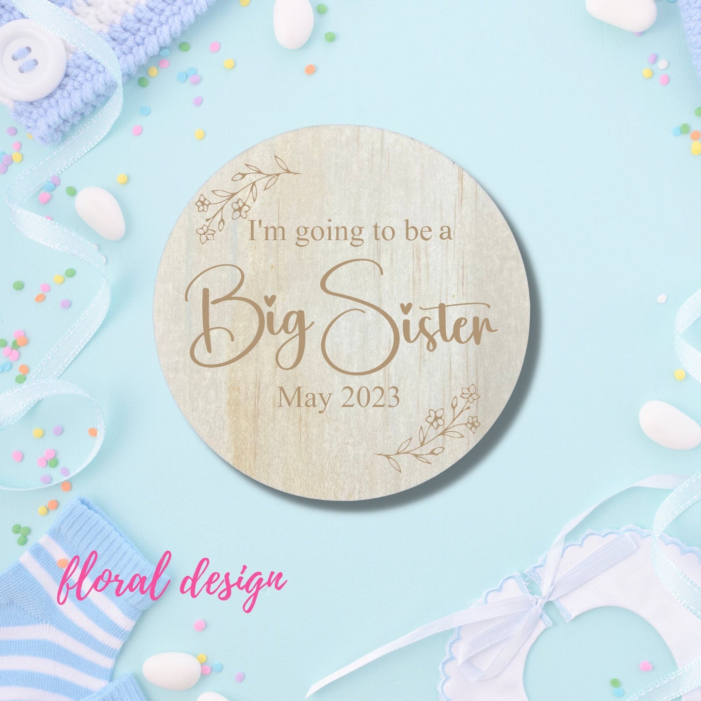 Baby announcement wooden plaque floral design