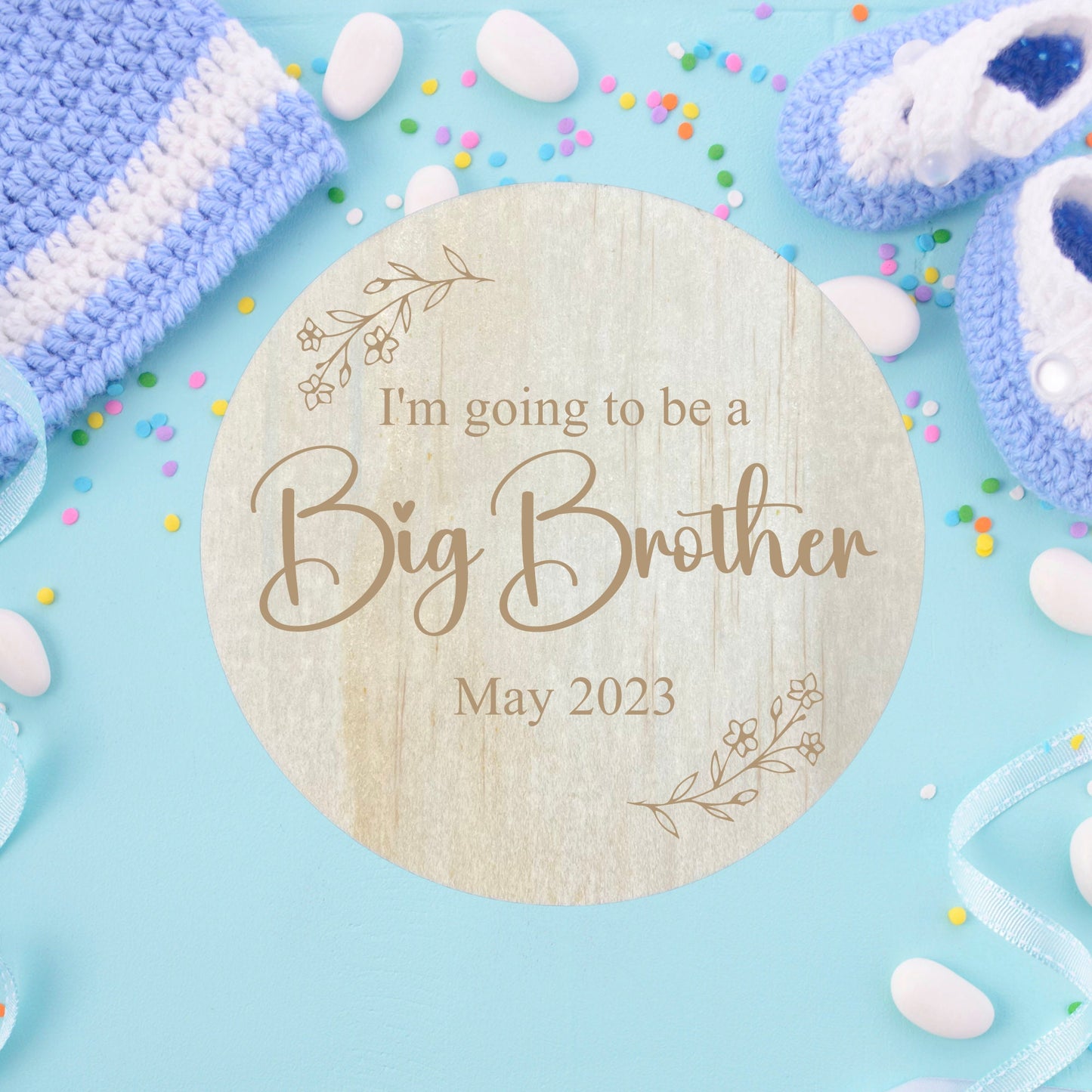 Baby announcement wooden plaque floral design