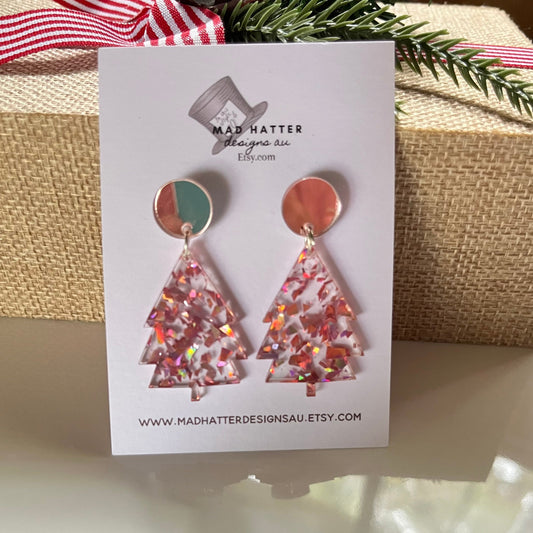 Christmas tree stud dangles earrings -pink