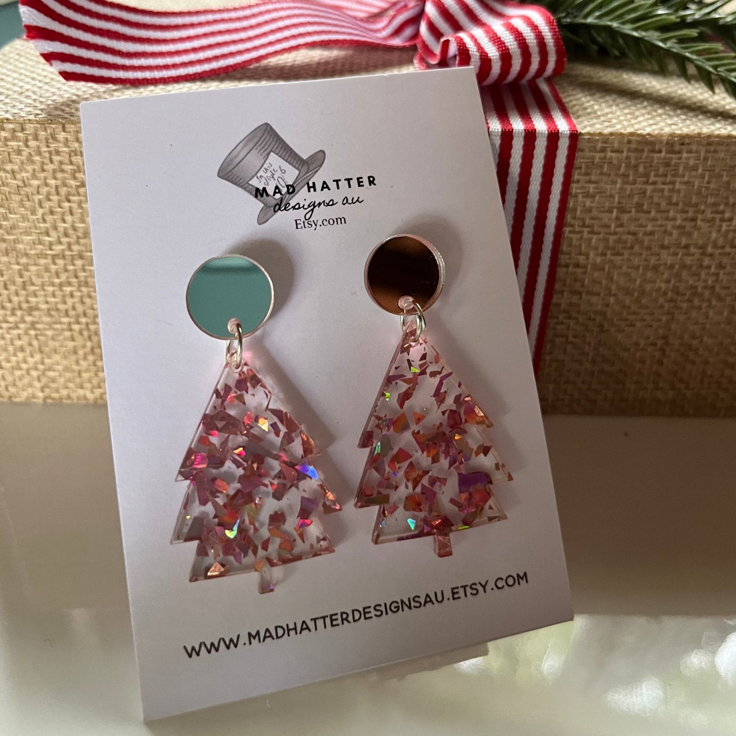 Christmas tree stud dangles earrings -pink