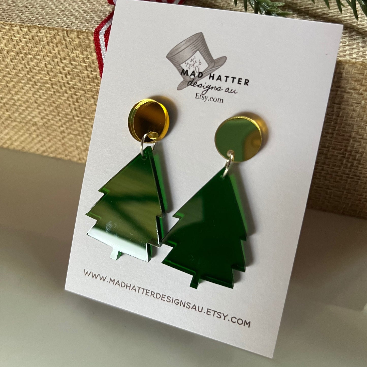 Christmas tree stud dangles earrings -green and gold