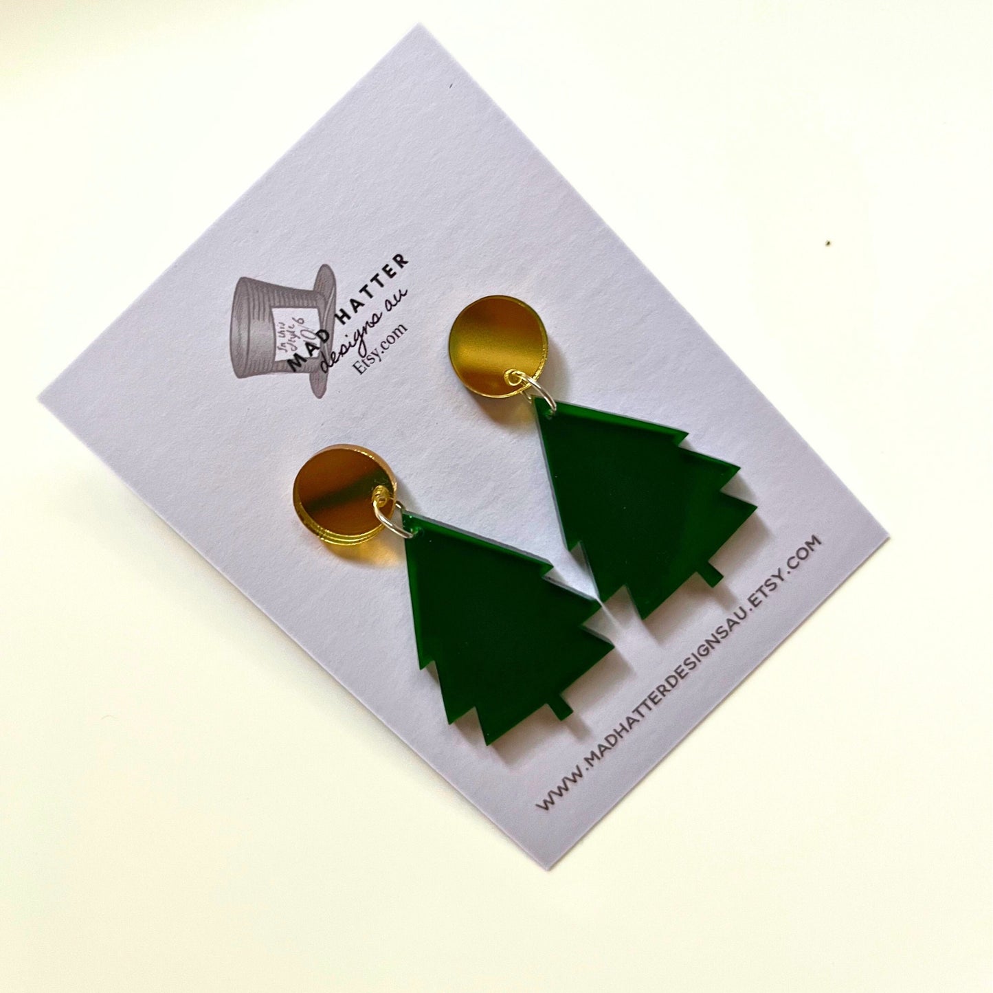 Christmas tree stud dangles earrings -green and gold