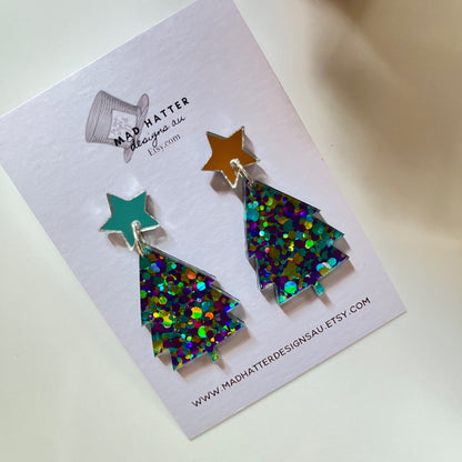 Christmas tree stud dangles earrings -glitter
