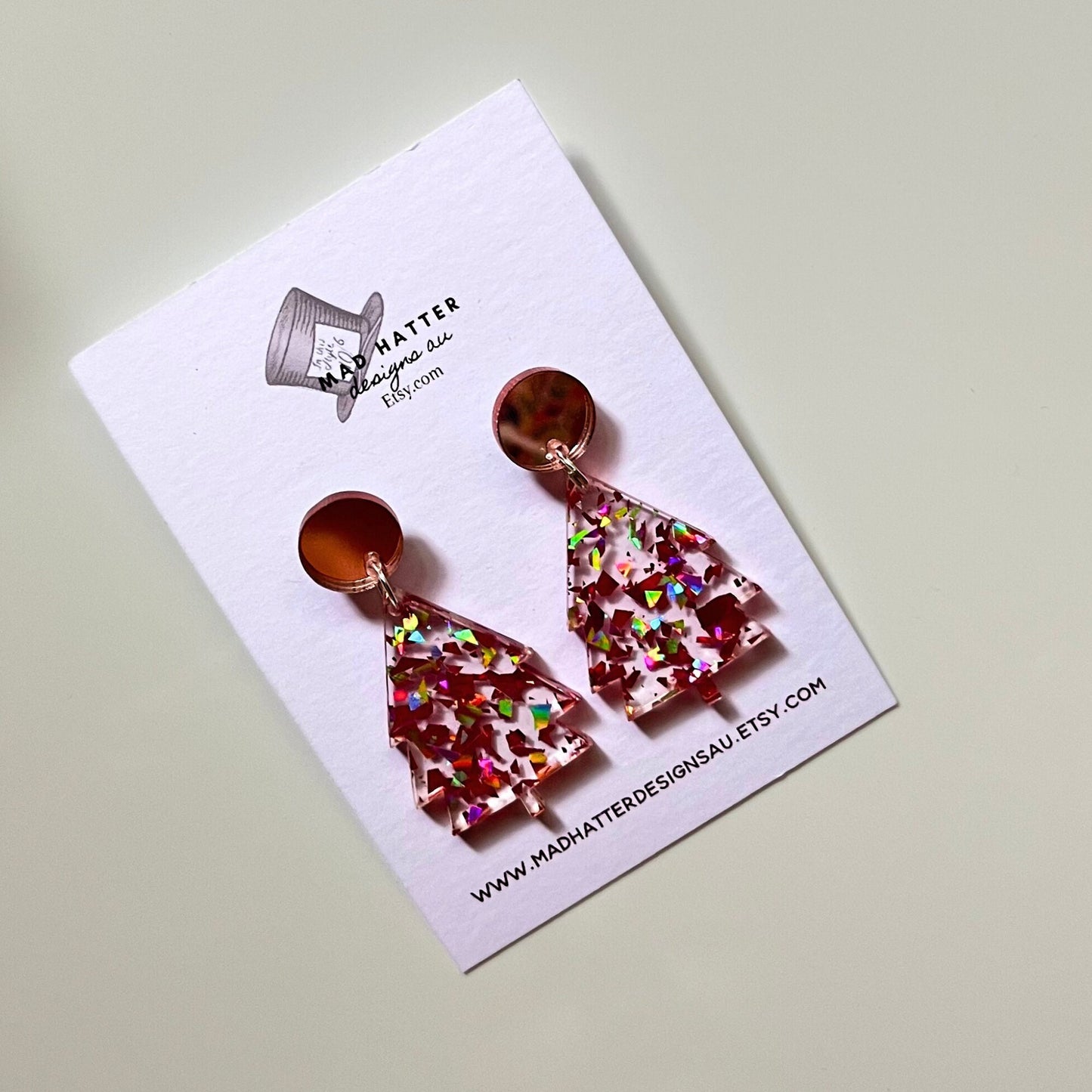 Christmas tree stud dangles earrings -pink