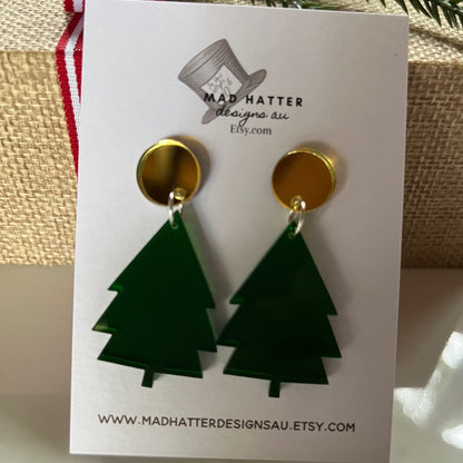 Christmas tree stud dangles earrings -green and gold