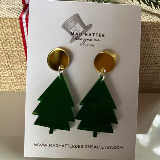 Christmas tree stud dangles earrings -green and gold