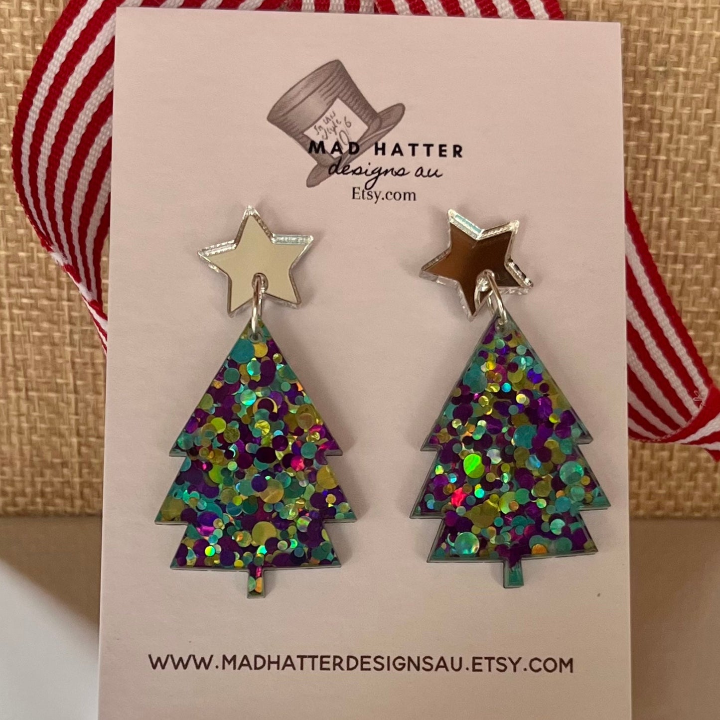 Christmas tree stud dangles earrings -glitter