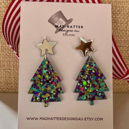 Christmas tree stud dangles earrings -glitter