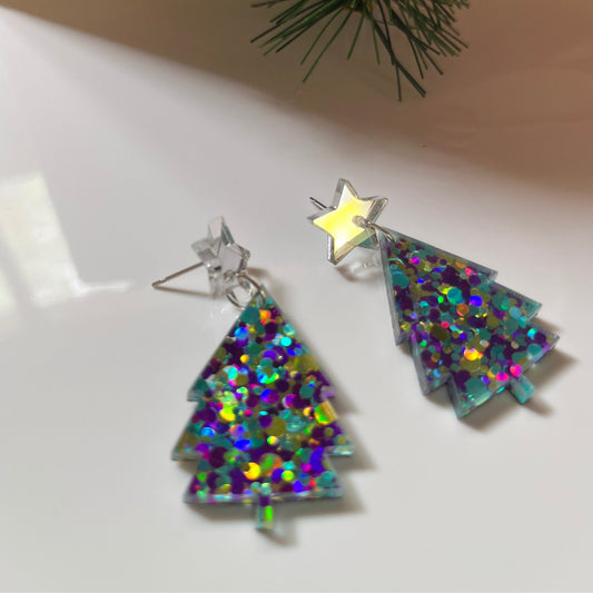 Christmas tree stud dangles earrings -glitter