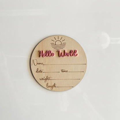Hello world sun design baby announcement plaque