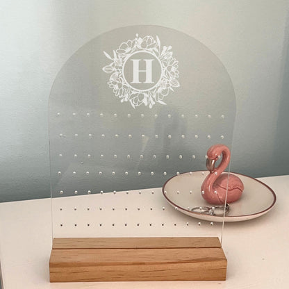 Earring holder with floral initial