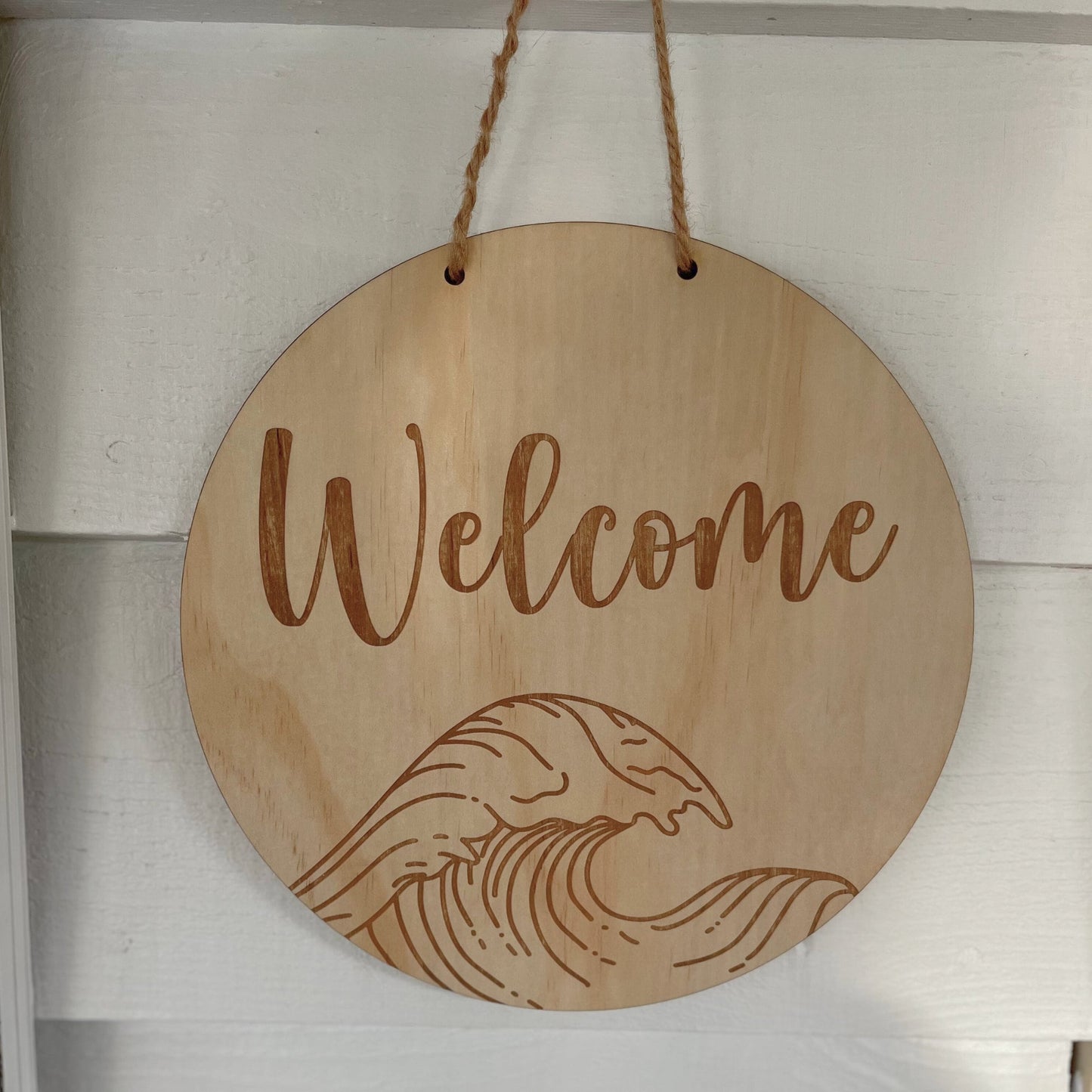 Wooden Engraved Wave Welcome Sign
