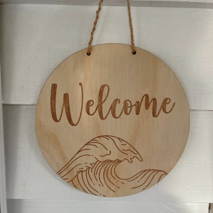 Wooden Engraved Wave Welcome Sign