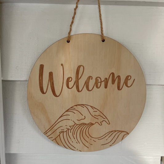 Wooden Engraved Wave Welcome Sign