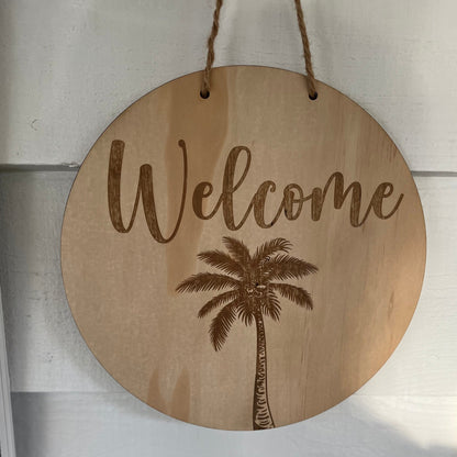 Wooden Engraved Palm Welcome Sign