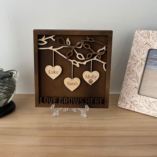 Wooden Family Tree hanging hearts