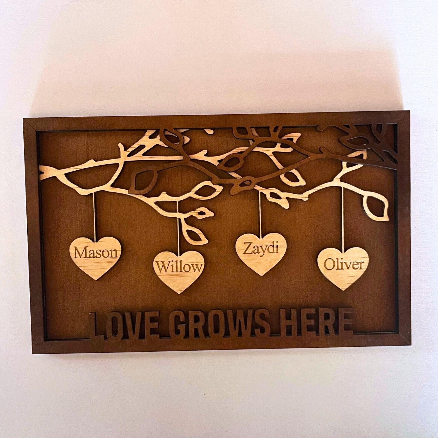 Wooden Family Tree hanging hearts