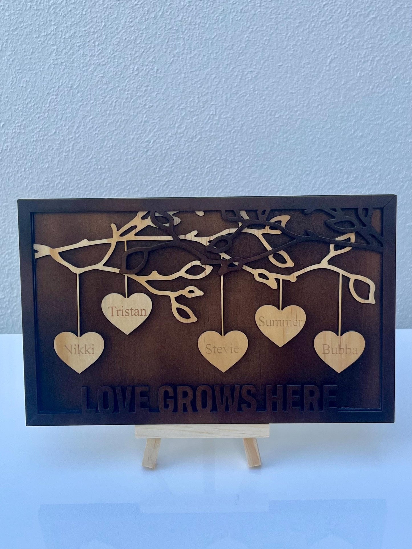 Wooden Family Tree hanging hearts