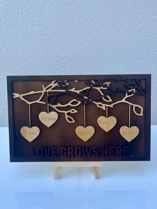 Wooden Family Tree hanging hearts