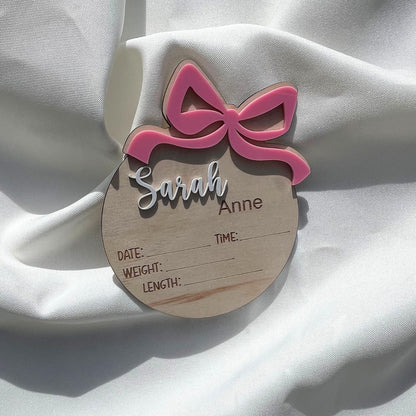 Personalised baby announcement plaque with bow detail