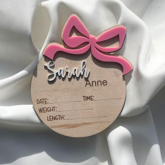 Personalised baby announcement plaque with bow detail