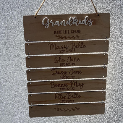 Personalised grandchildren birthday chart sign