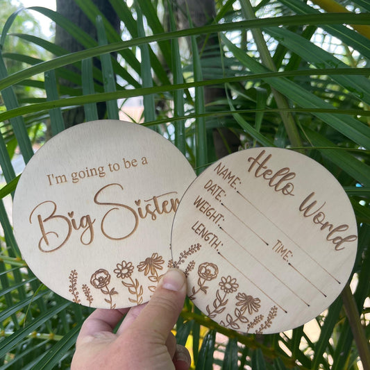 Baby announcement wooden plaque wildflower design